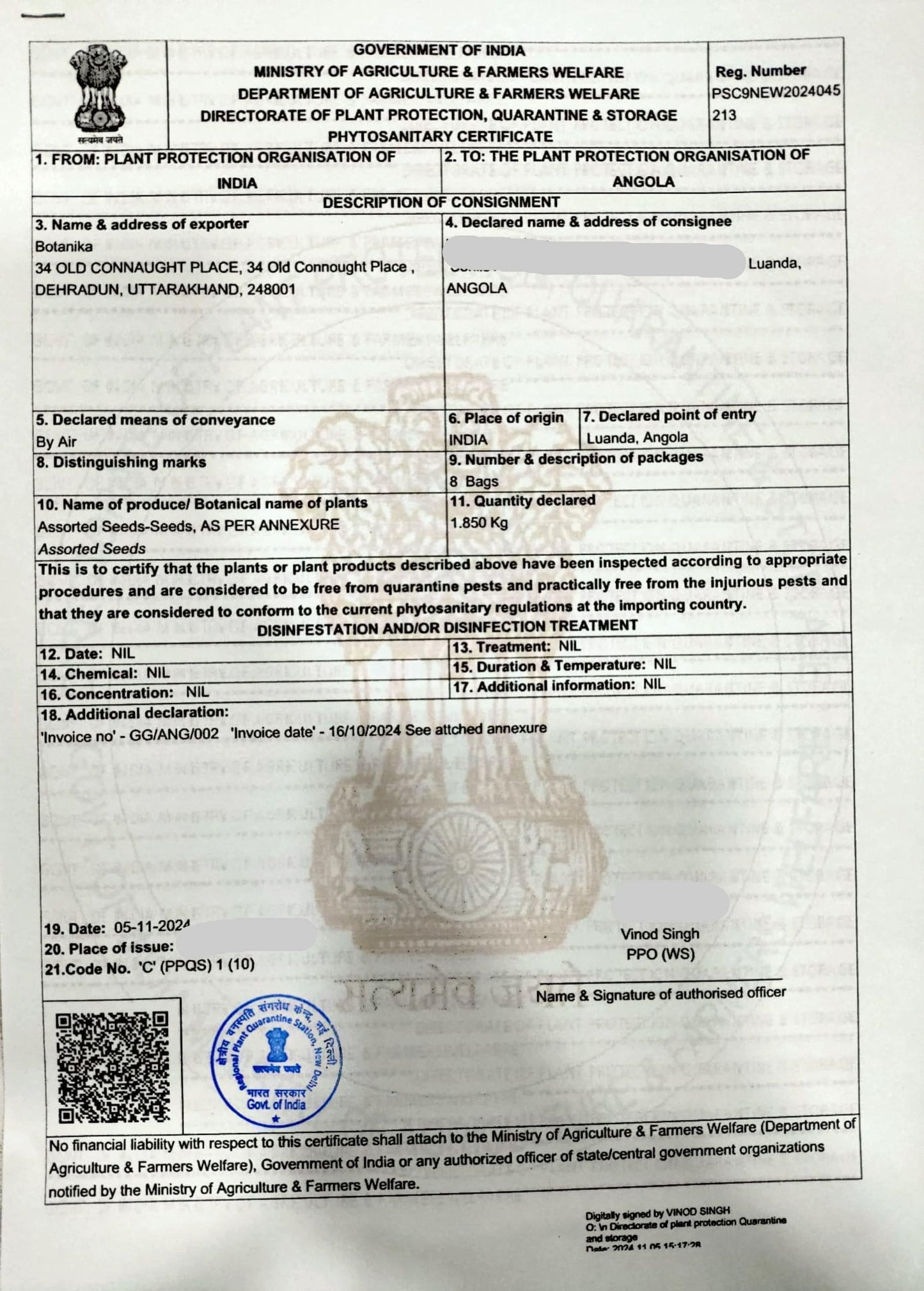 Phytosanitary Certificate For ANGOLA ( Africa ) - Seedsforgarden (1999-2024 ) .We Ship Seeds & Live Plants Worldwide