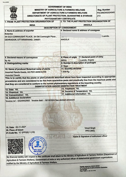 Phytosanitary Certificate   For  ANGOLA   ( Africa ) - Seedsforgarden (1999-2024 ) .We Ship Seeds & Live Plants Worldwide 