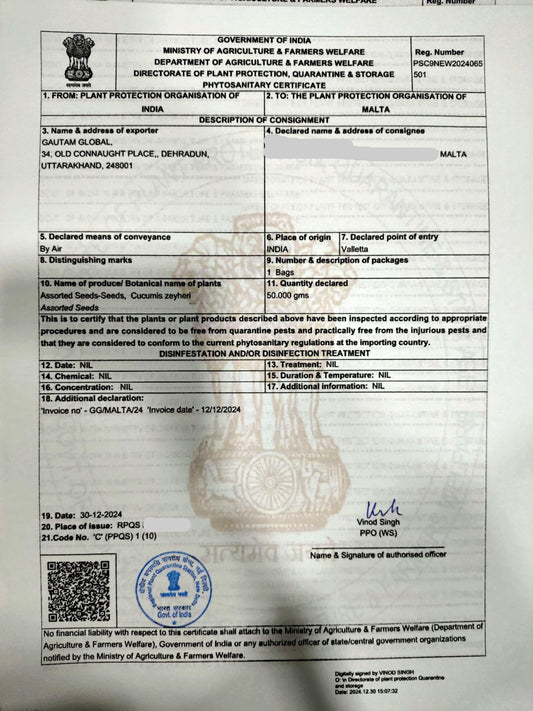 Cucumis zeyheri Seeds , Phytosanitary Certificate (Malta) - Seedsforgarden (1999-2024 ) .We Ship Seeds & Live Plants Worldwide 