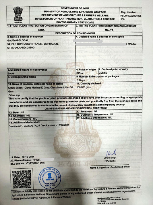Citrus limettioides Seeds,  Indian sweet lime   Seeds,  Phytosanitary Certificate (Europe ) - Seedsforgarden (1999-2024 ) .We Ship Seeds & Live Plants Worldwide 