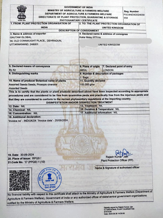 Prosopis cineraria Seeds, Phytosanitary certificate (London) - Seedsforgarden (1999-2024 ) .We Ship Seeds & Live Plants Worldwide 