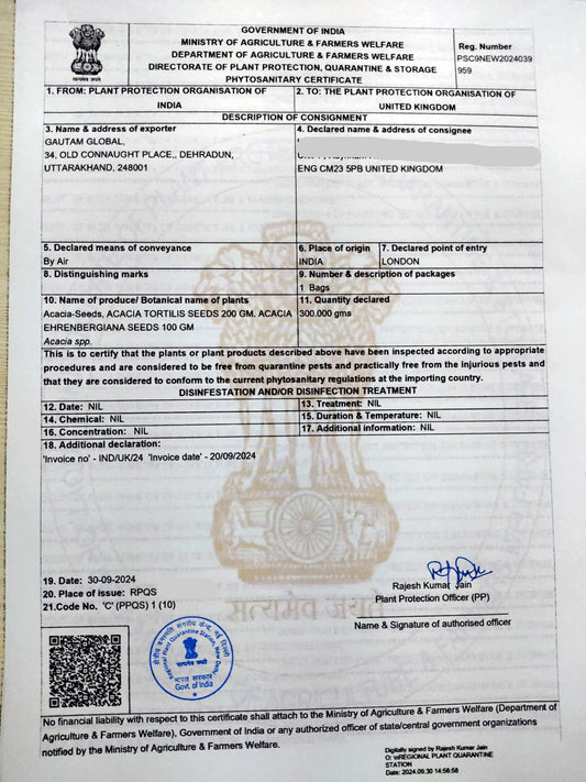 Acacia ehrenbergiana Seeds, Phytosanitary Certificate  United Kingdom. - Seedsforgarden (1999-2024 ) .We Ship Seeds & Live Plants Worldwide 